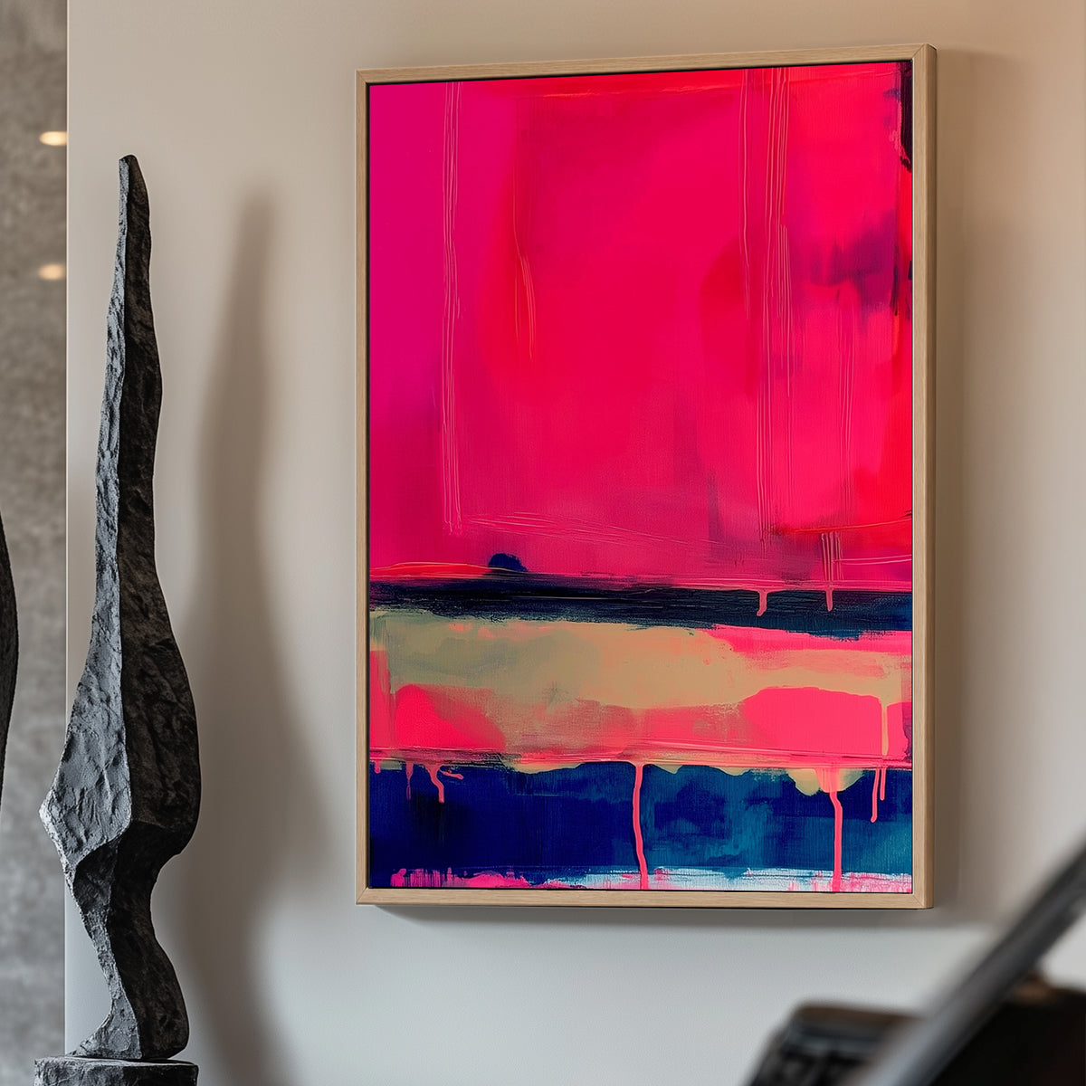 Modern abstract painting with layered neon pink, deep blue, and beige blocks and dripping paint.