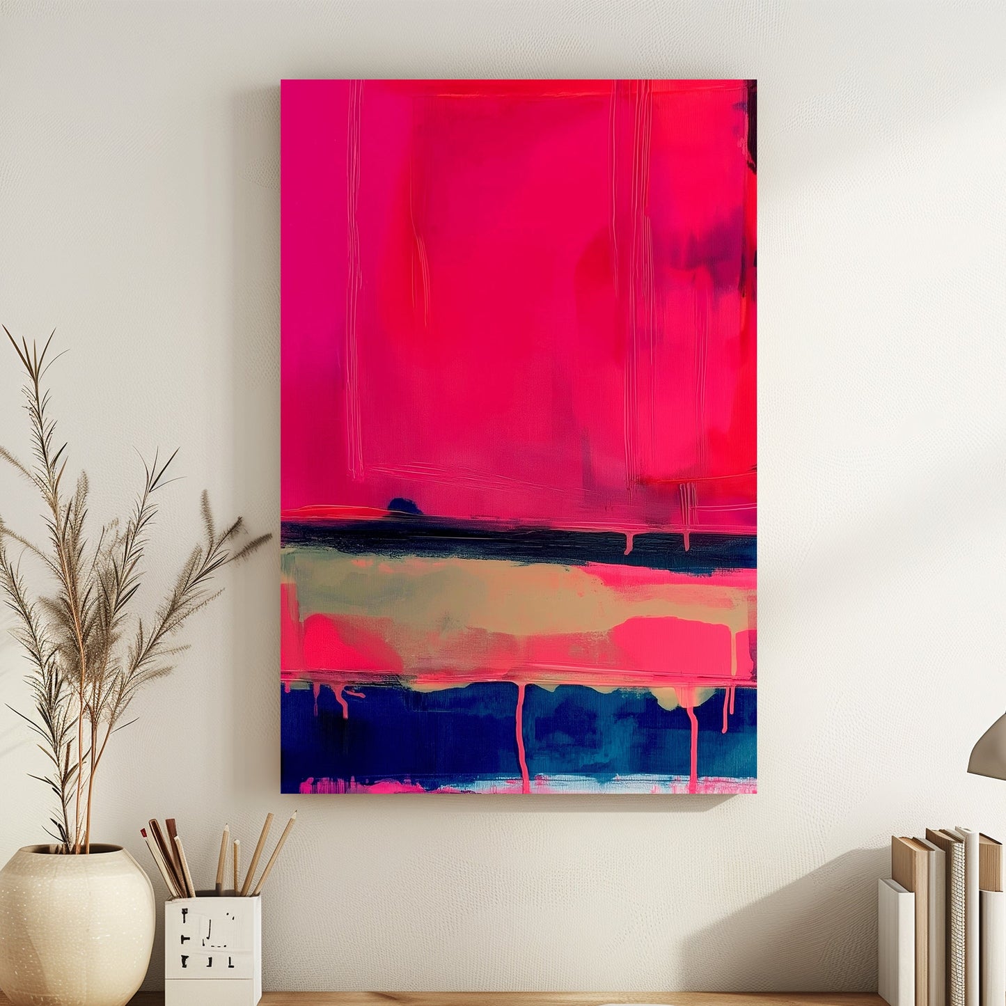 Modern abstract painting with layered neon pink, deep blue, and beige blocks and dripping paint.