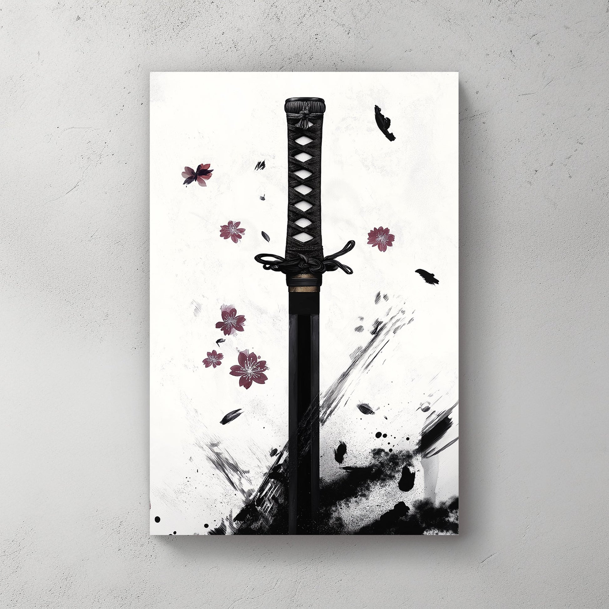 Minimalist Japanese ink art featuring a katana hilt with cherry blossoms and dynamic black ink strokes.