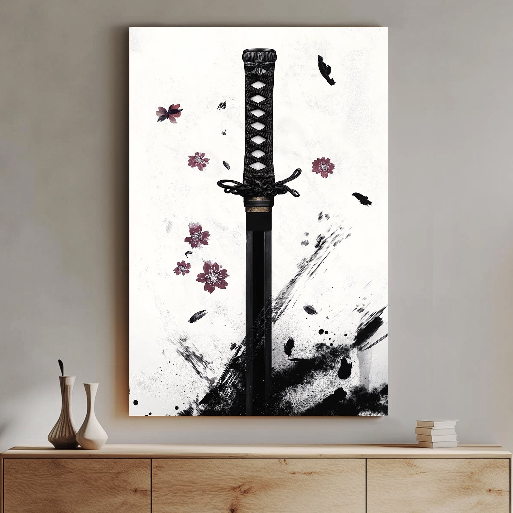 Minimalist Japanese ink art featuring a katana hilt with cherry blossoms and dynamic black ink strokes.