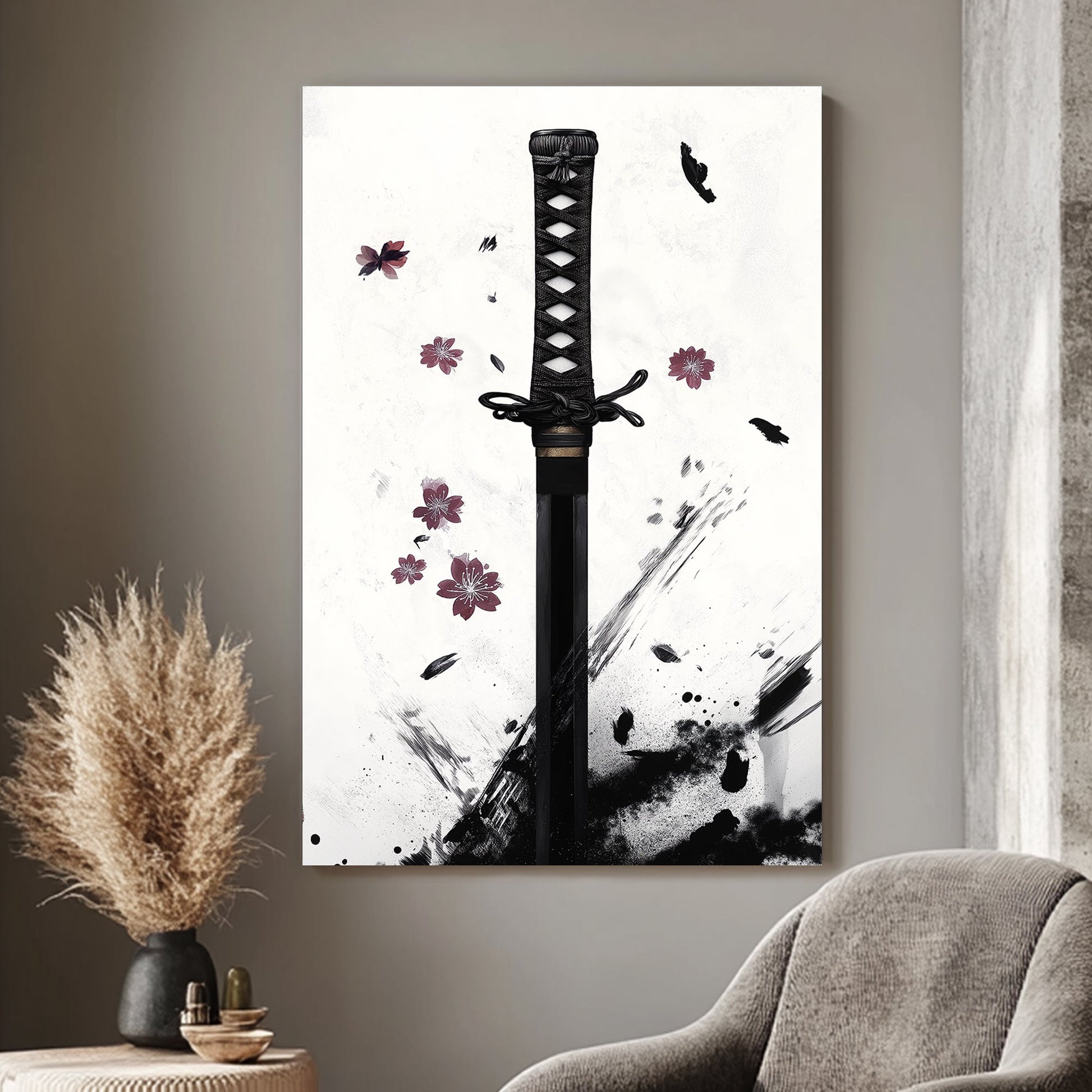 Minimalist Japanese ink art featuring a katana hilt with cherry blossoms and dynamic black ink strokes.