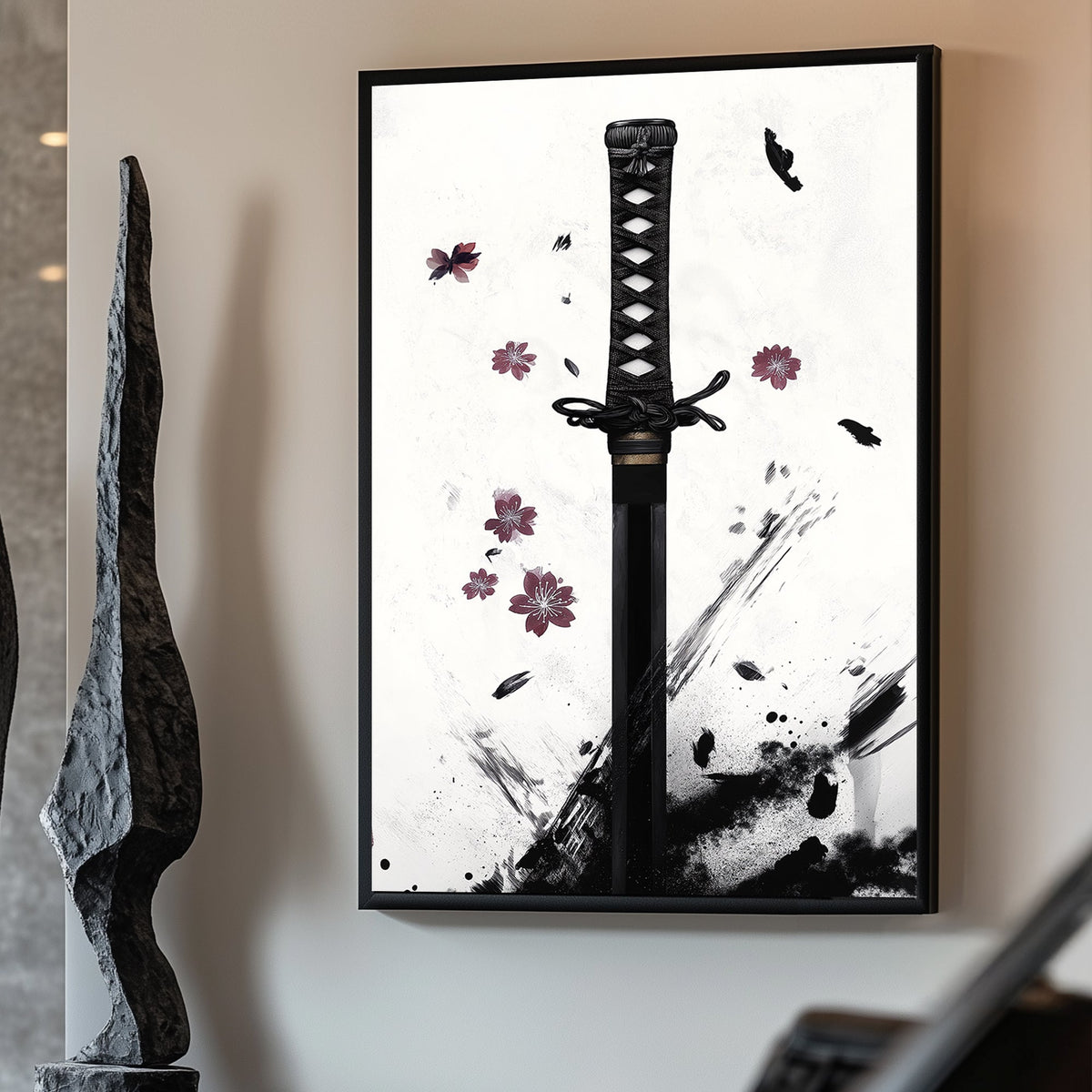 Minimalist Japanese ink art featuring a katana hilt with cherry blossoms and dynamic black ink strokes.