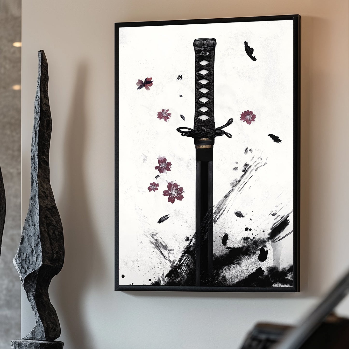 Minimalist Japanese ink art featuring a katana hilt with cherry blossoms and dynamic black ink strokes.