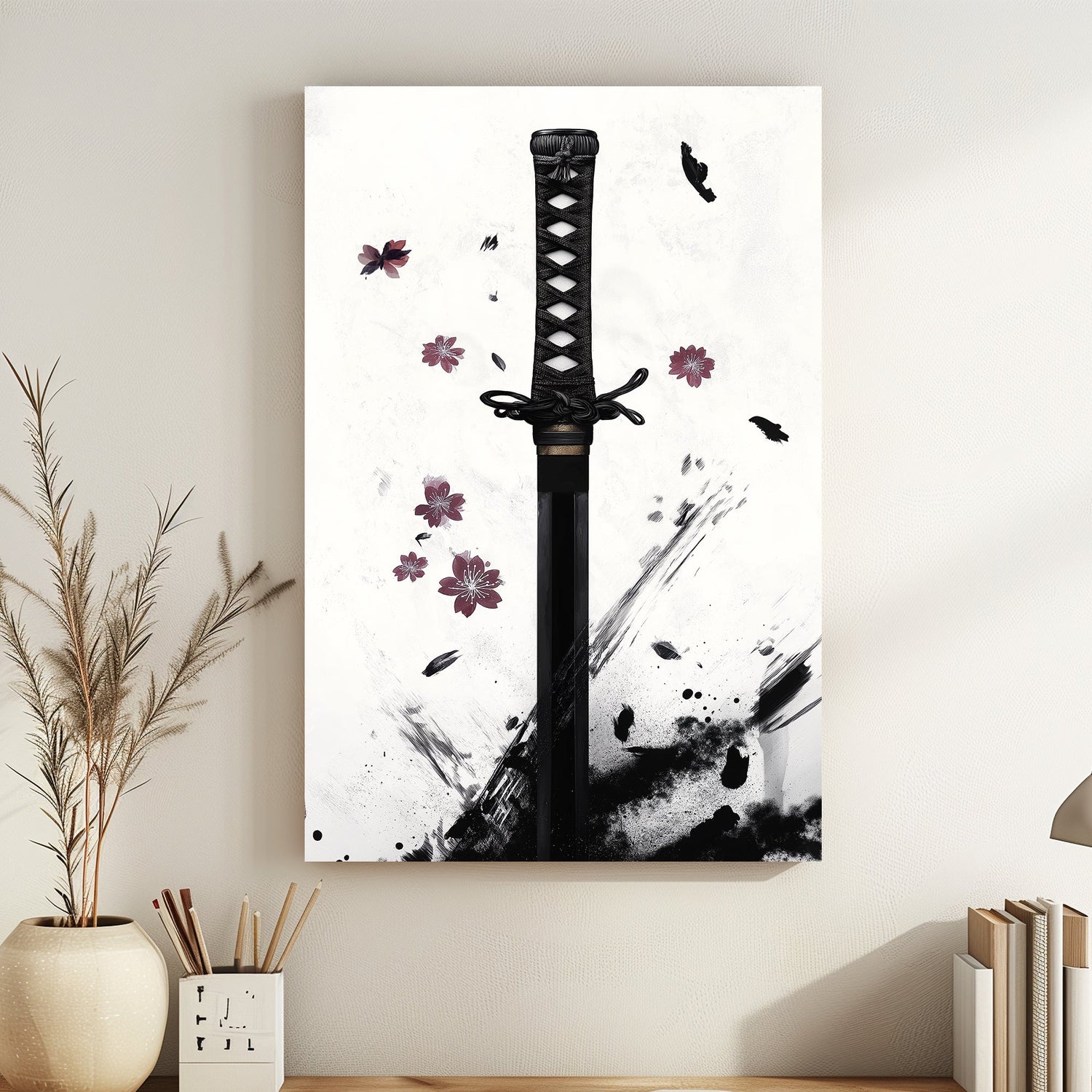 Minimalist Japanese ink art featuring a katana hilt with cherry blossoms and dynamic black ink strokes.