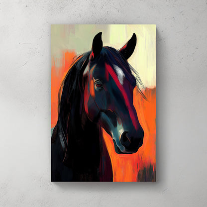 Modern art of a black horse with vibrant orange and yellow background.