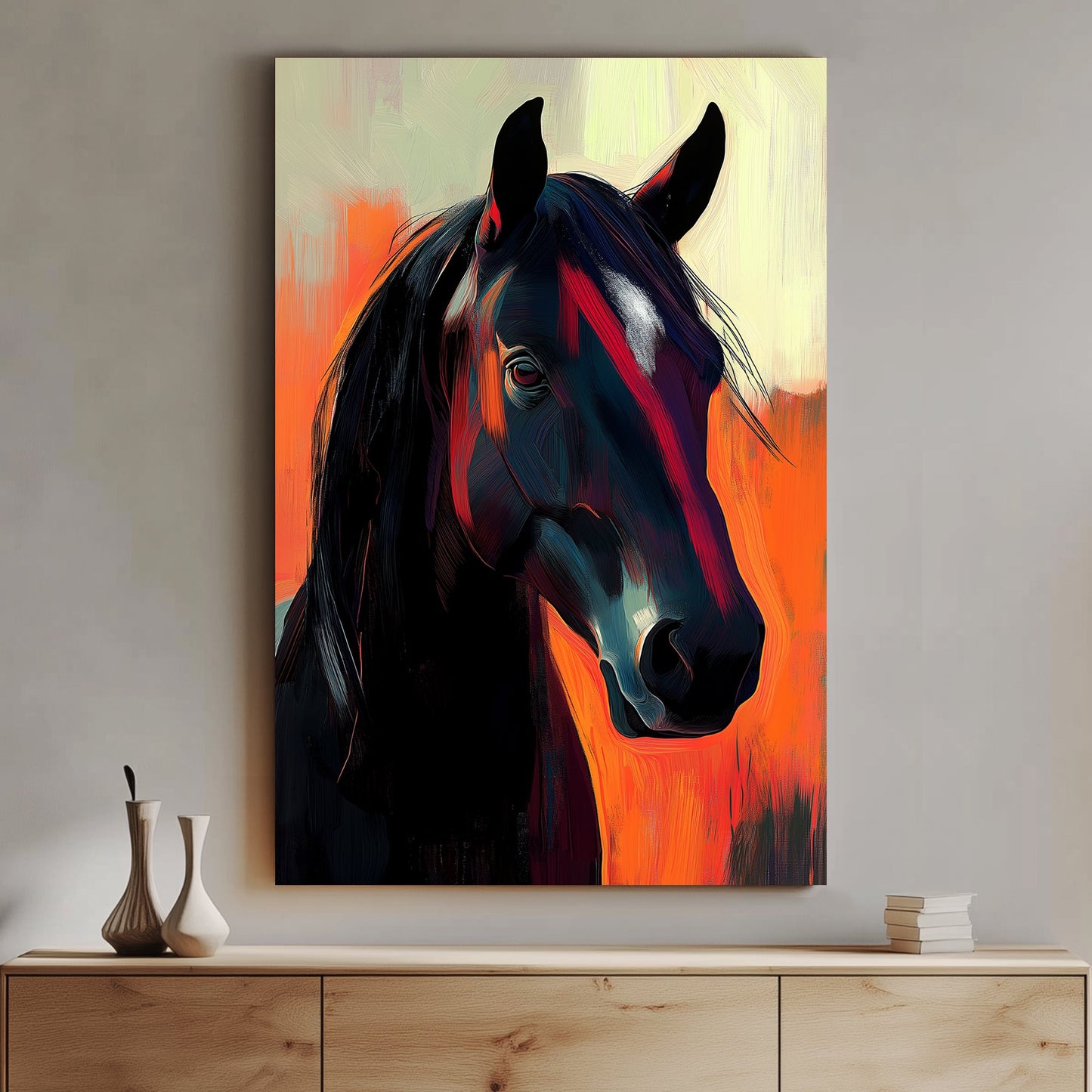 Modern art of a black horse with vibrant orange and yellow background.