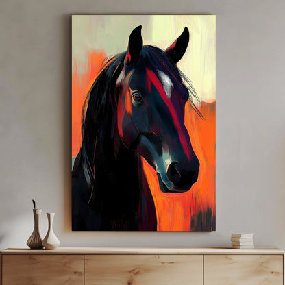 Modern art of a black horse with vibrant orange and yellow background.