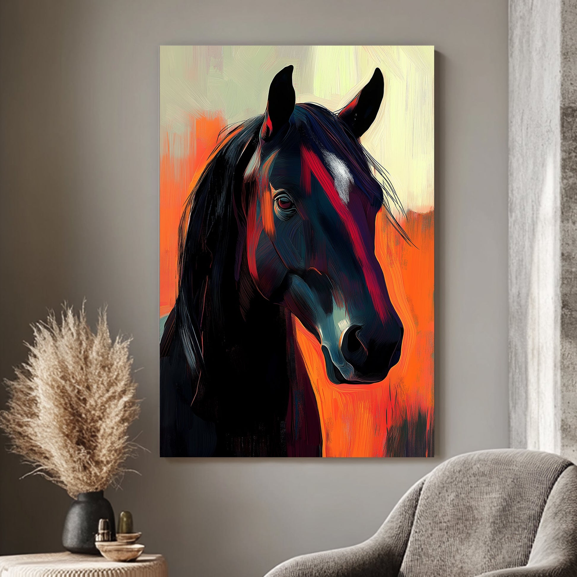 Modern art of a black horse with vibrant orange and yellow background.