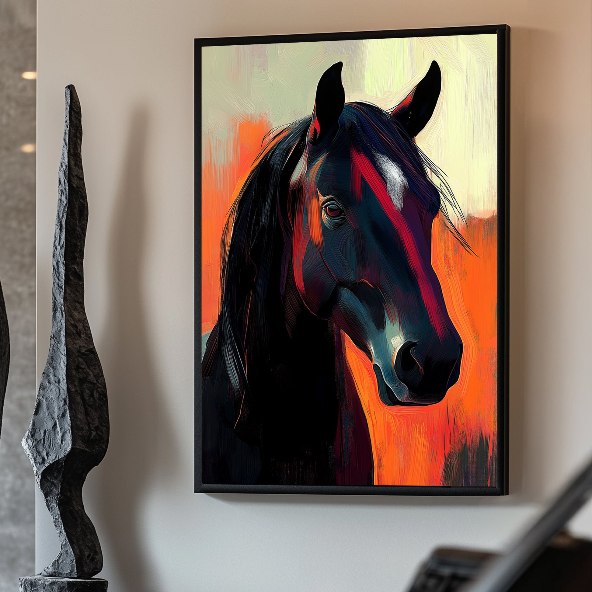 Modern art of a black horse with vibrant orange and yellow background.