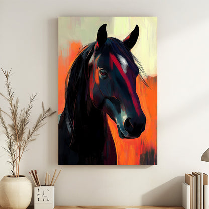 Modern art of a black horse with vibrant orange and yellow background.