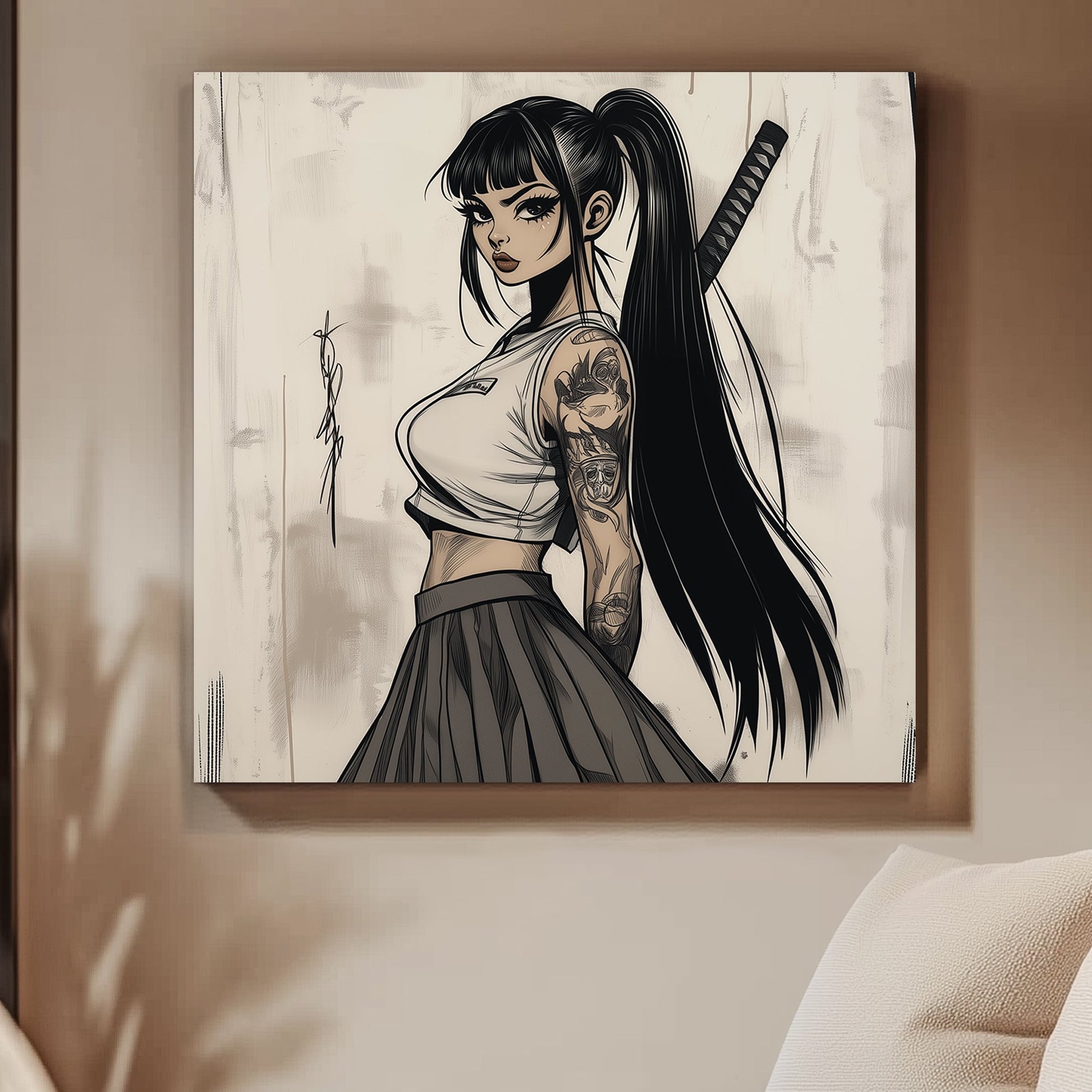 Japanese anime-style female warrior with tattoos, long black hair, and a katana.