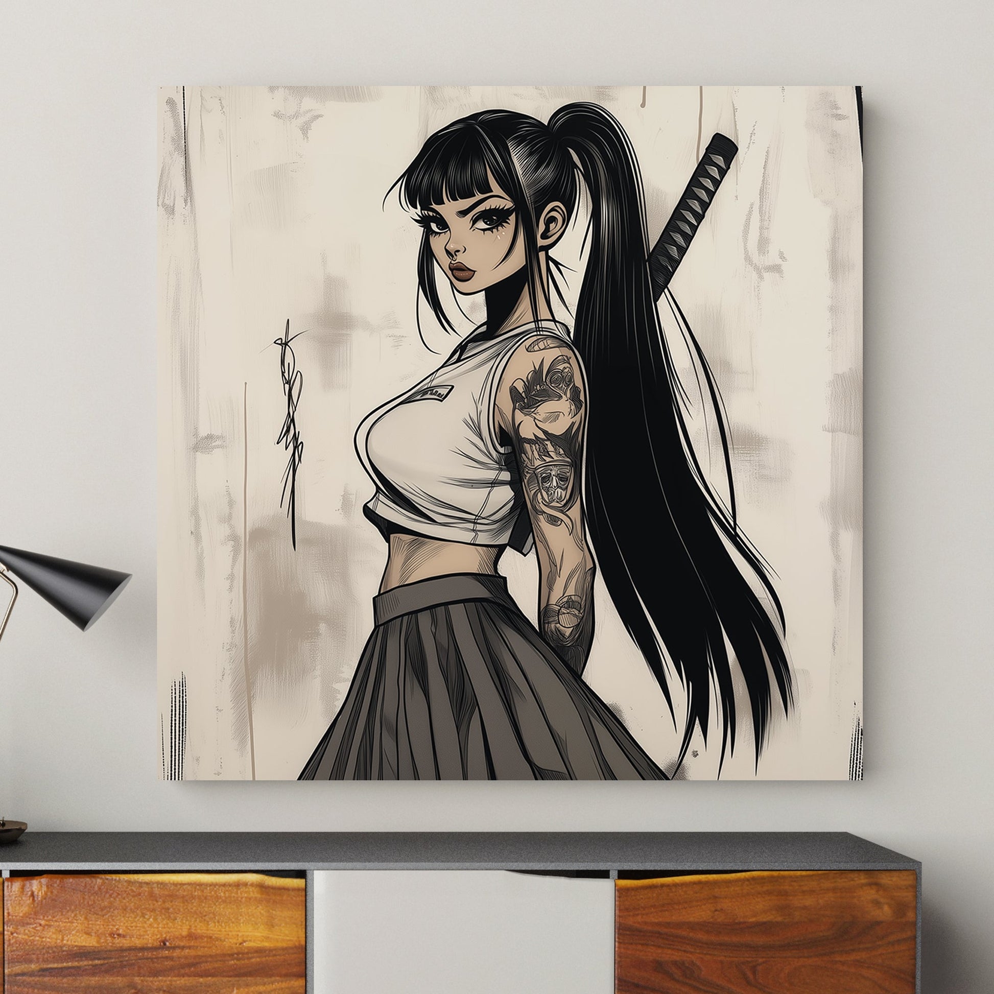 Japanese anime-style female warrior with tattoos, long black hair, and a katana.