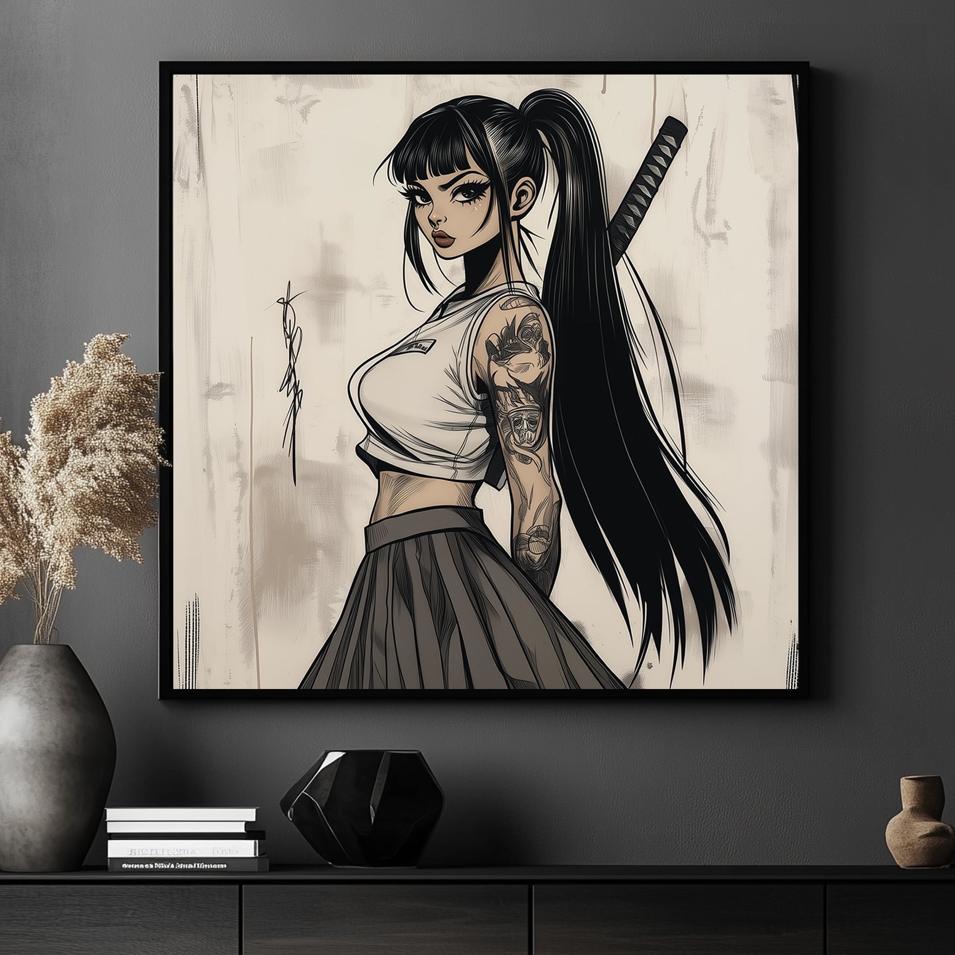 Japanese anime-style female warrior with tattoos, long black hair, and a katana.