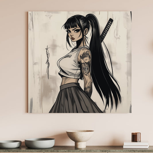 Japanese anime-style female warrior with tattoos, long black hair, and a katana.