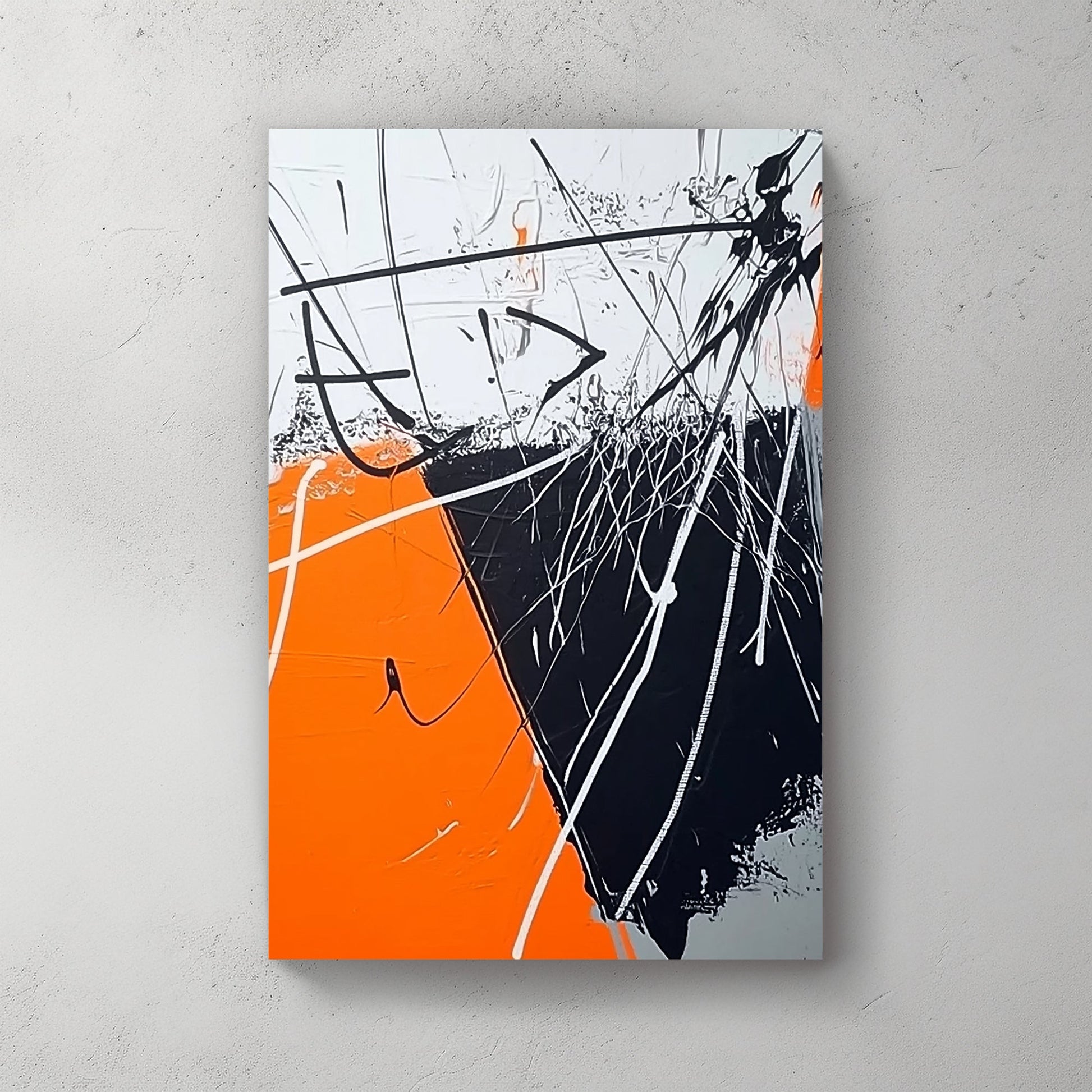 Abstract expressionist artwork with bold orange, black, and white streaks creating dynamic tension.