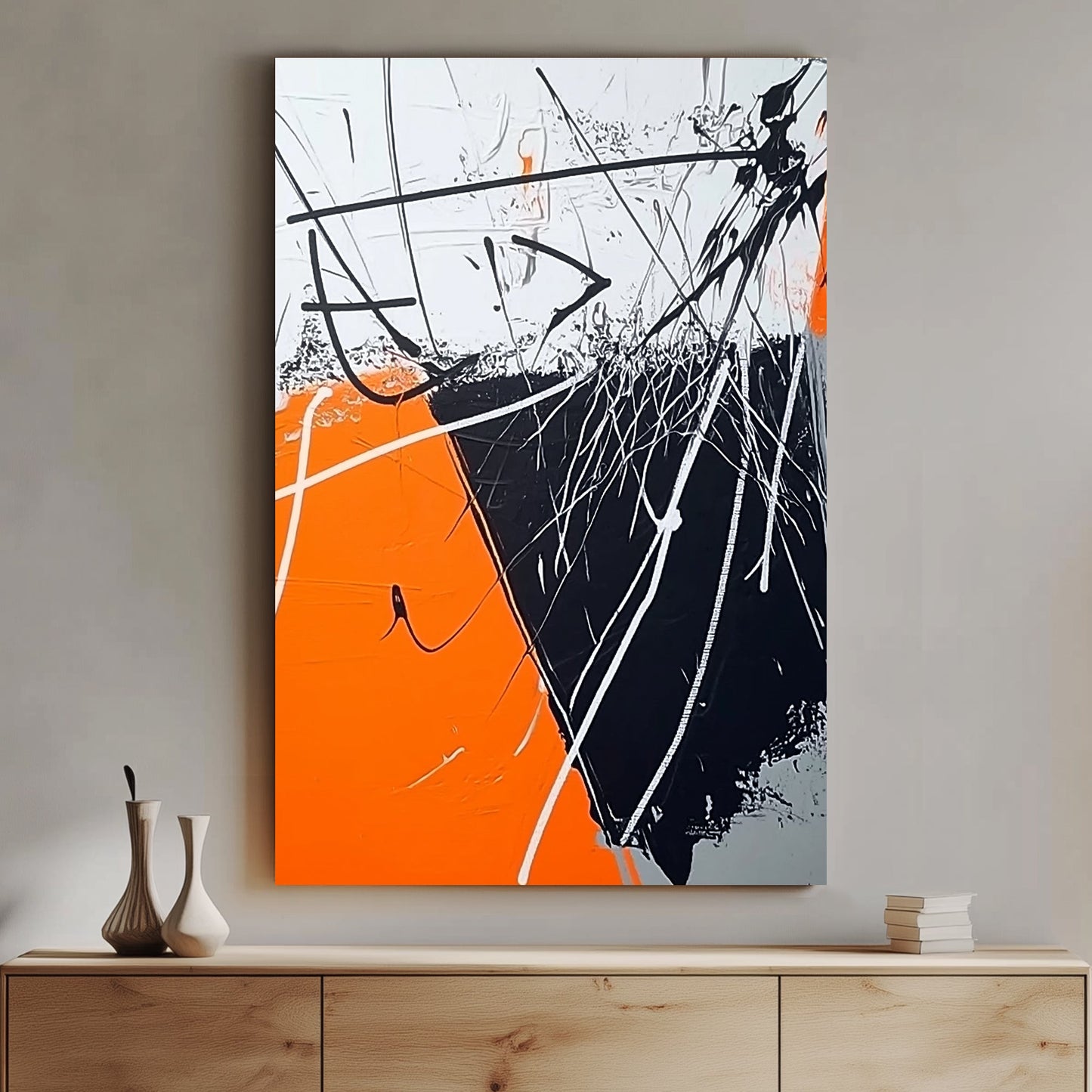 Abstract expressionist artwork with bold orange, black, and white streaks creating dynamic tension.