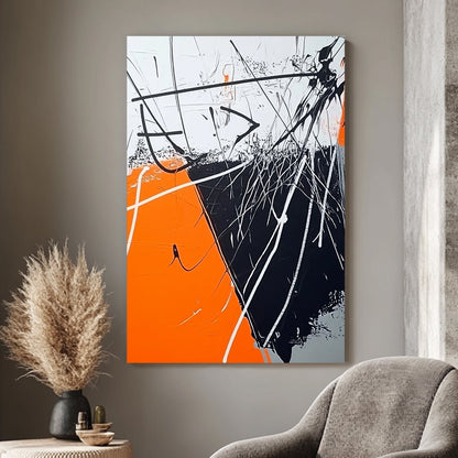 Abstract expressionist artwork with bold orange, black, and white streaks creating dynamic tension.