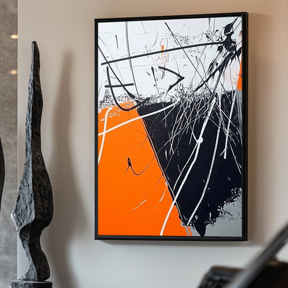 Abstract expressionist artwork with bold orange, black, and white streaks creating dynamic tension.