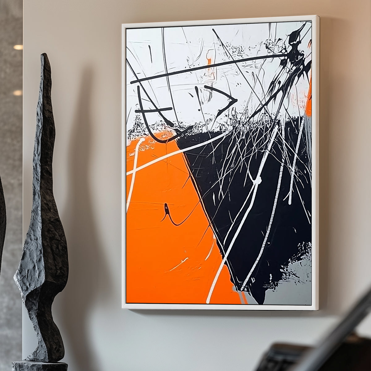 Abstract expressionist artwork with bold orange, black, and white streaks creating dynamic tension.