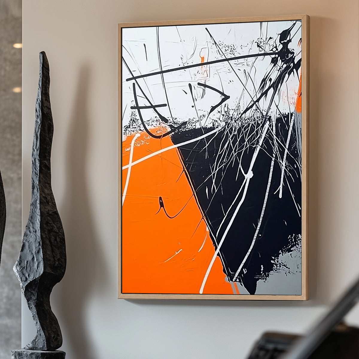 Abstract expressionist artwork with bold orange, black, and white streaks creating dynamic tension.