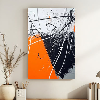 Abstract expressionist artwork with bold orange, black, and white streaks creating dynamic tension.