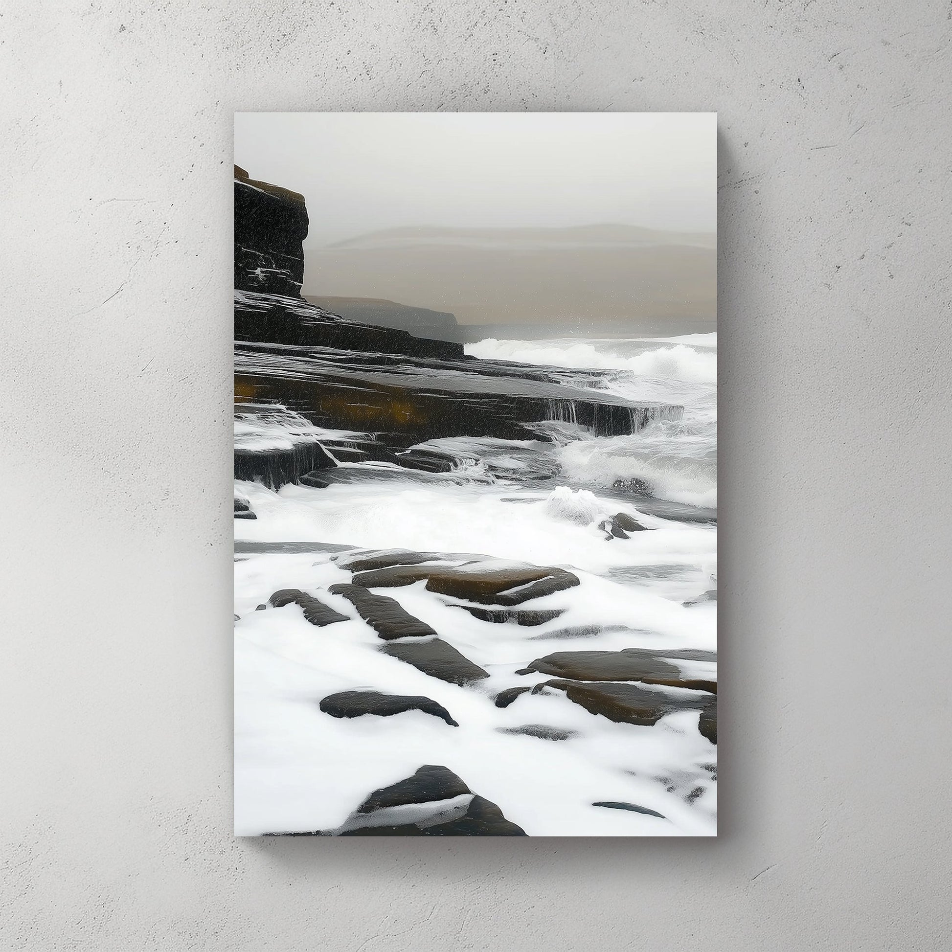 Impressionist artwork of waves flowing over rugged coastal cliffs under a misty, overcast sky.