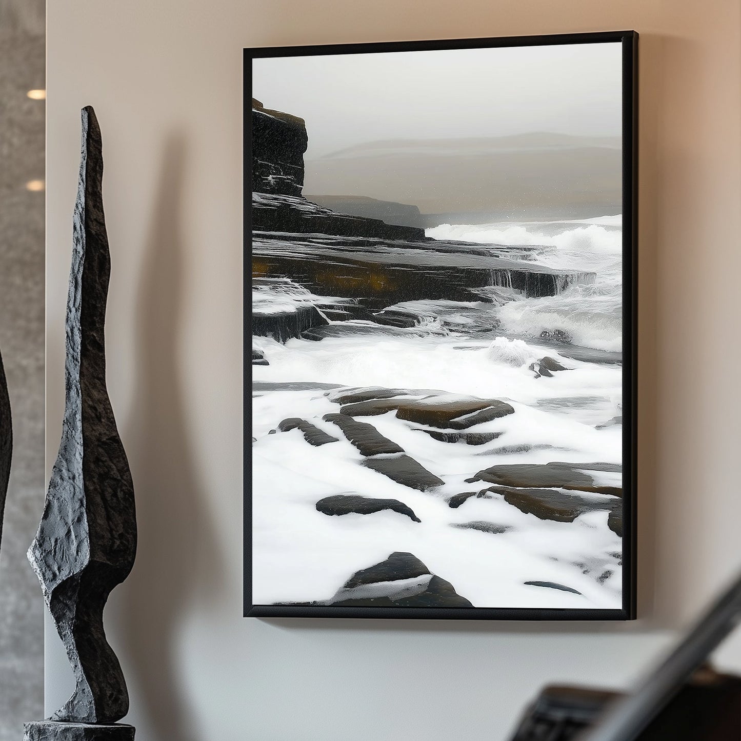 Impressionist artwork of waves flowing over rugged coastal cliffs under a misty, overcast sky.