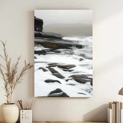 Impressionist artwork of waves flowing over rugged coastal cliffs under a misty, overcast sky.