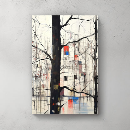 Abstract winter forest scene with black tree outlines and a geometric cityscape in red, blue, and white in the background.