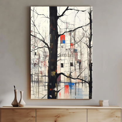 Abstract winter forest scene with black tree outlines and a geometric cityscape in red, blue, and white in the background.