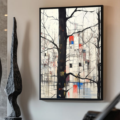 Abstract winter forest scene with black tree outlines and a geometric cityscape in red, blue, and white in the background.