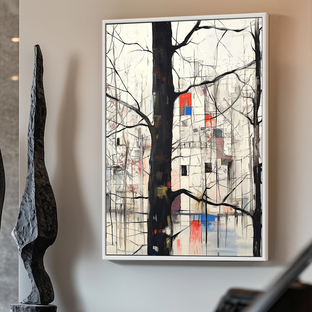 Abstract winter forest scene with black tree outlines and a geometric cityscape in red, blue, and white in the background.
