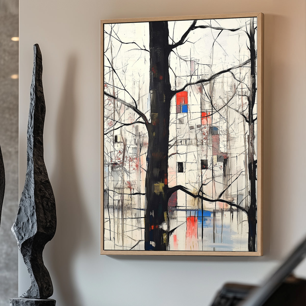 Abstract winter forest scene with black tree outlines and a geometric cityscape in red, blue, and white in the background.