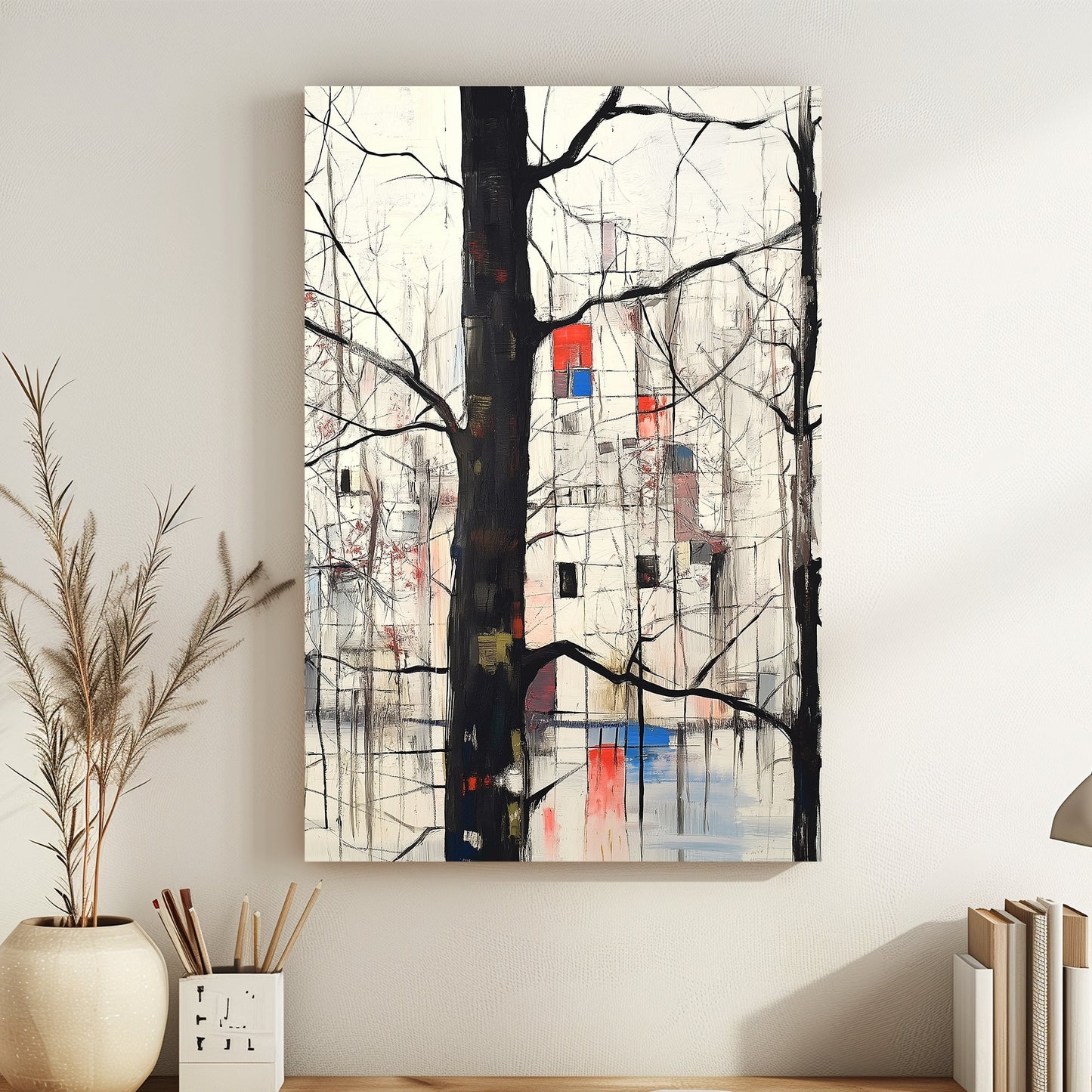 Abstract winter forest scene with black tree outlines and a geometric cityscape in red, blue, and white in the background.