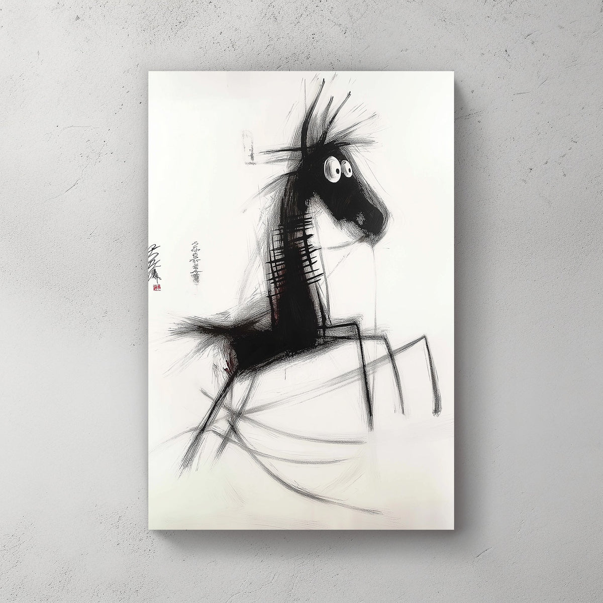 Minimalist black and white sketch of a spindly-legged horse with expressive brushstrokes, inspired by Japanese ink art.