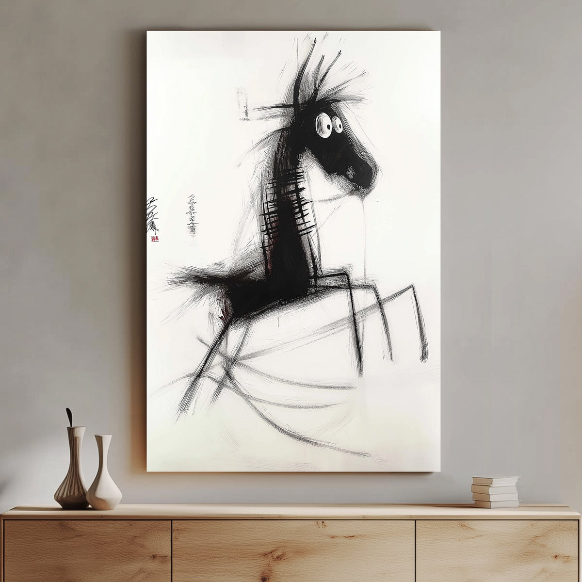 Minimalist black and white sketch of a spindly-legged horse with expressive brushstrokes, inspired by Japanese ink art.