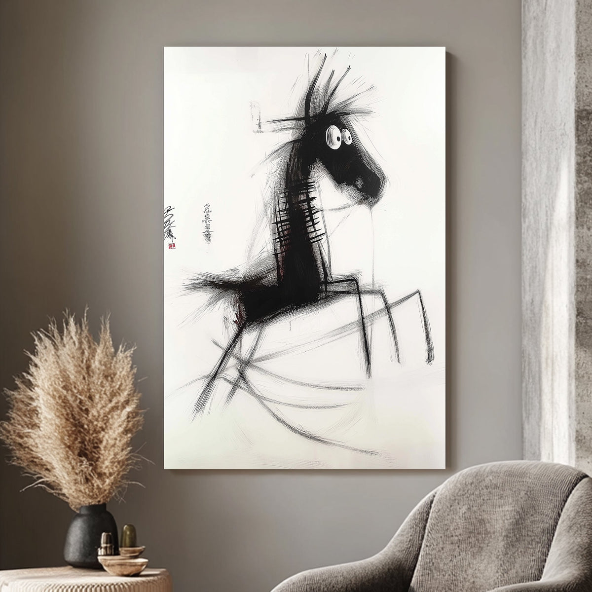 Minimalist black and white sketch of a spindly-legged horse with expressive brushstrokes, inspired by Japanese ink art.