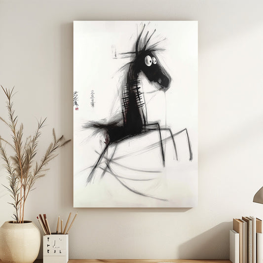 Minimalist black and white sketch of a spindly-legged horse with expressive brushstrokes, inspired by Japanese ink art.