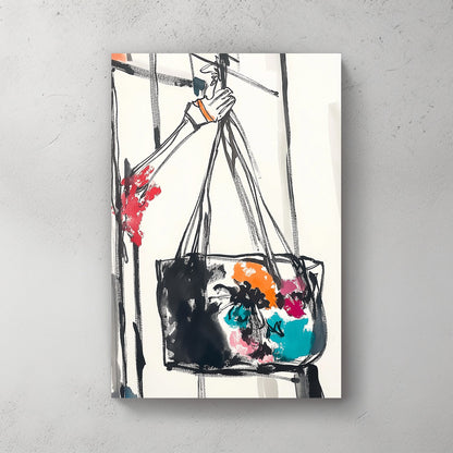 Minimalist ink art sketch of a hand holding a vibrant floral tote bag with bold brushstrokes and colourful accents.