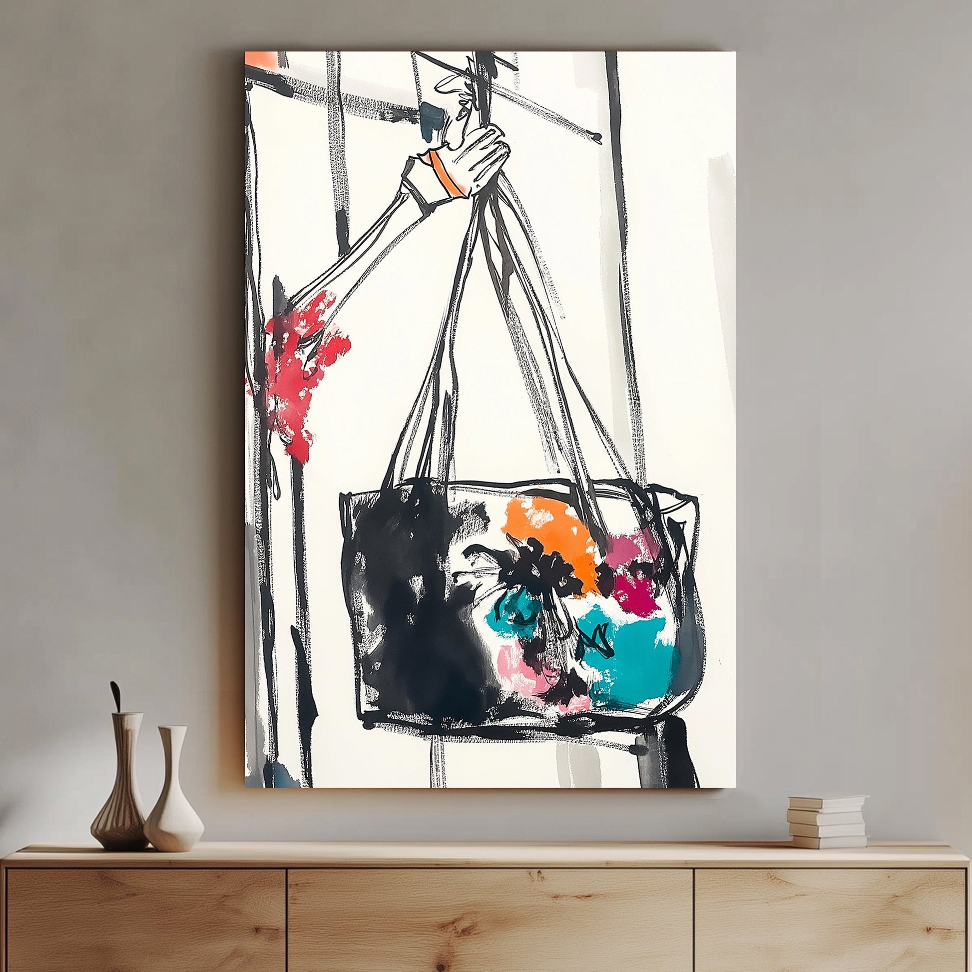 Minimalist ink art sketch of a hand holding a vibrant floral tote bag with bold brushstrokes and colourful accents.