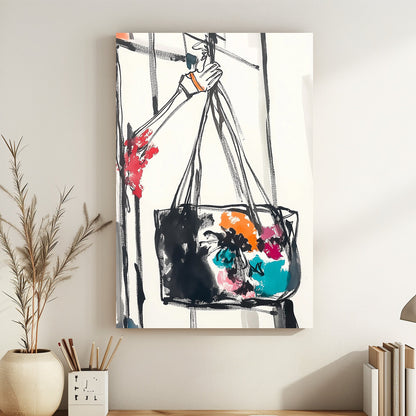 Minimalist ink art sketch of a hand holding a vibrant floral tote bag with bold brushstrokes and colourful accents.