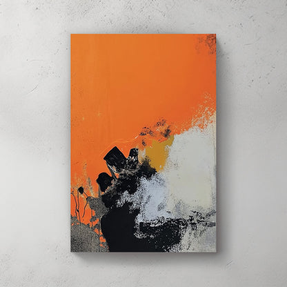 Abstract art featuring vivid orange tones with black and white textured contrasts in an expressionist style.