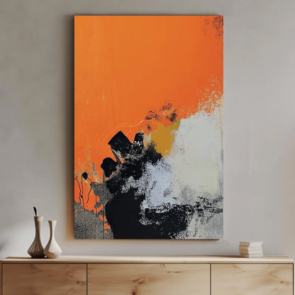 Abstract art featuring vivid orange tones with black and white textured contrasts in an expressionist style.