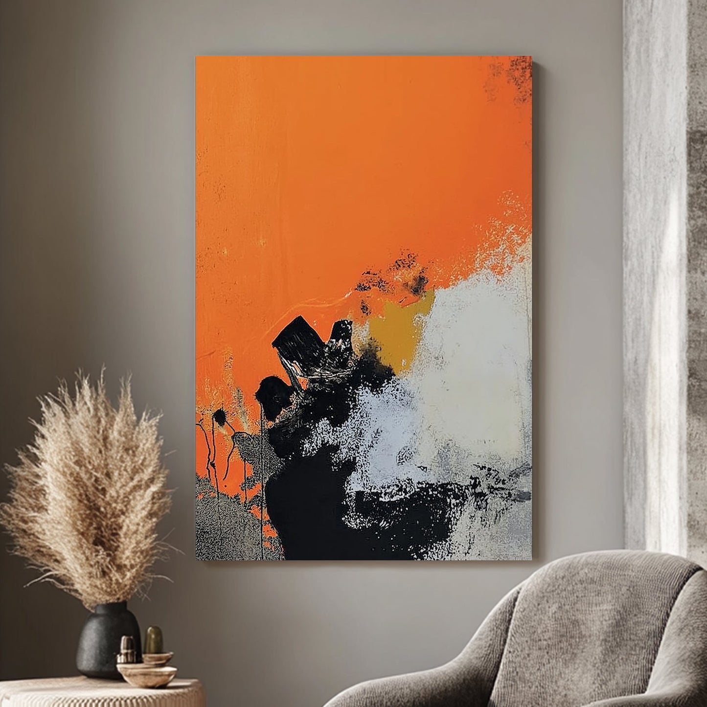 Abstract art featuring vivid orange tones with black and white textured contrasts in an expressionist style.