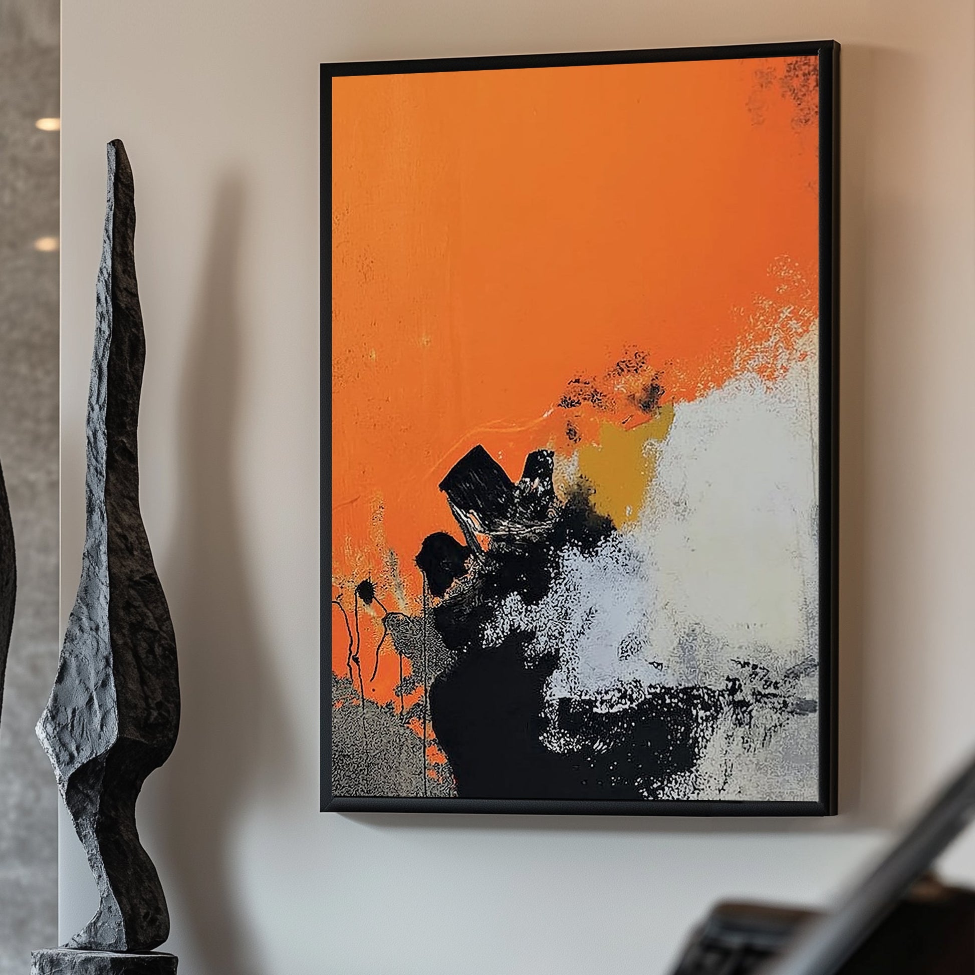 Abstract art featuring vivid orange tones with black and white textured contrasts in an expressionist style.