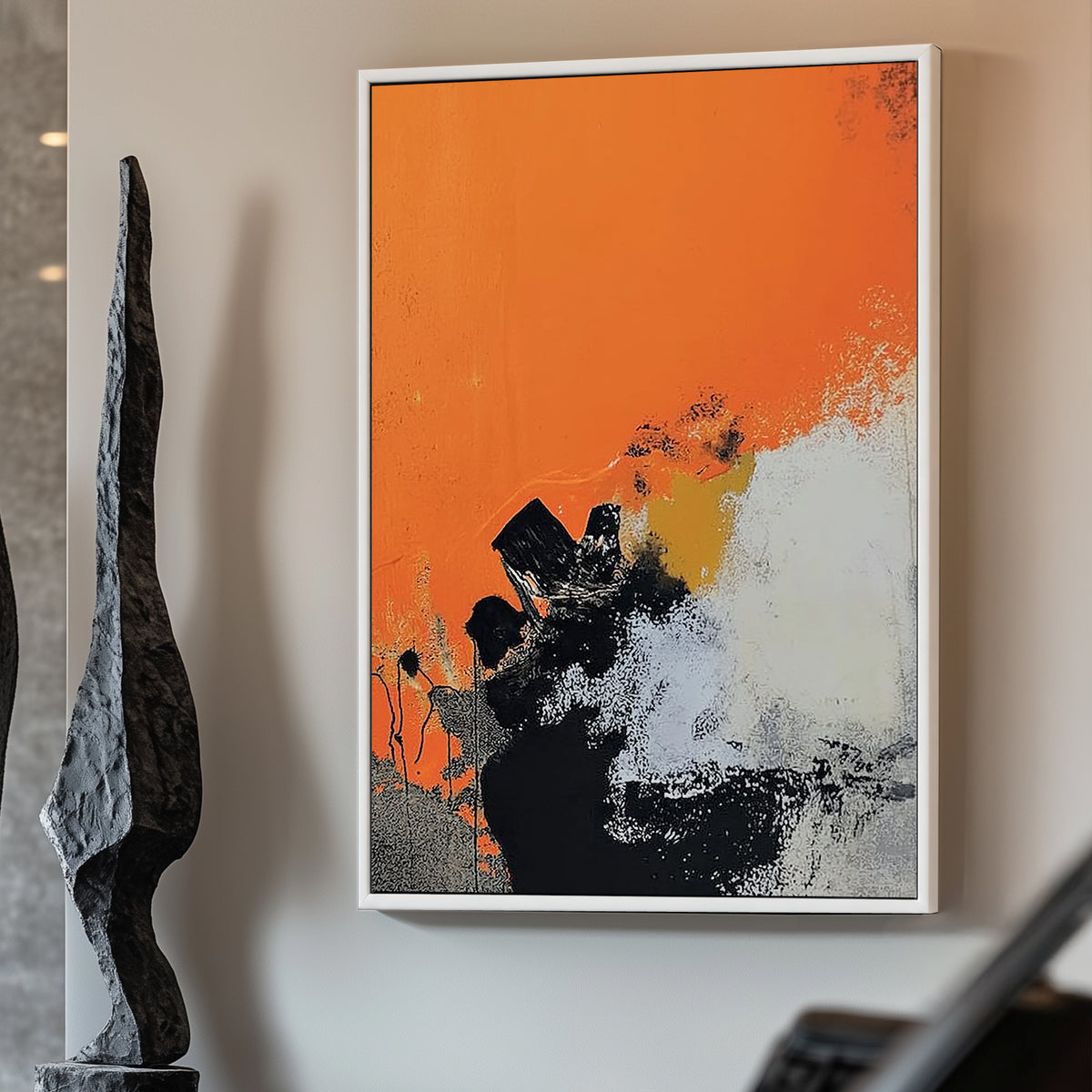 Abstract art featuring vivid orange tones with black and white textured contrasts in an expressionist style.