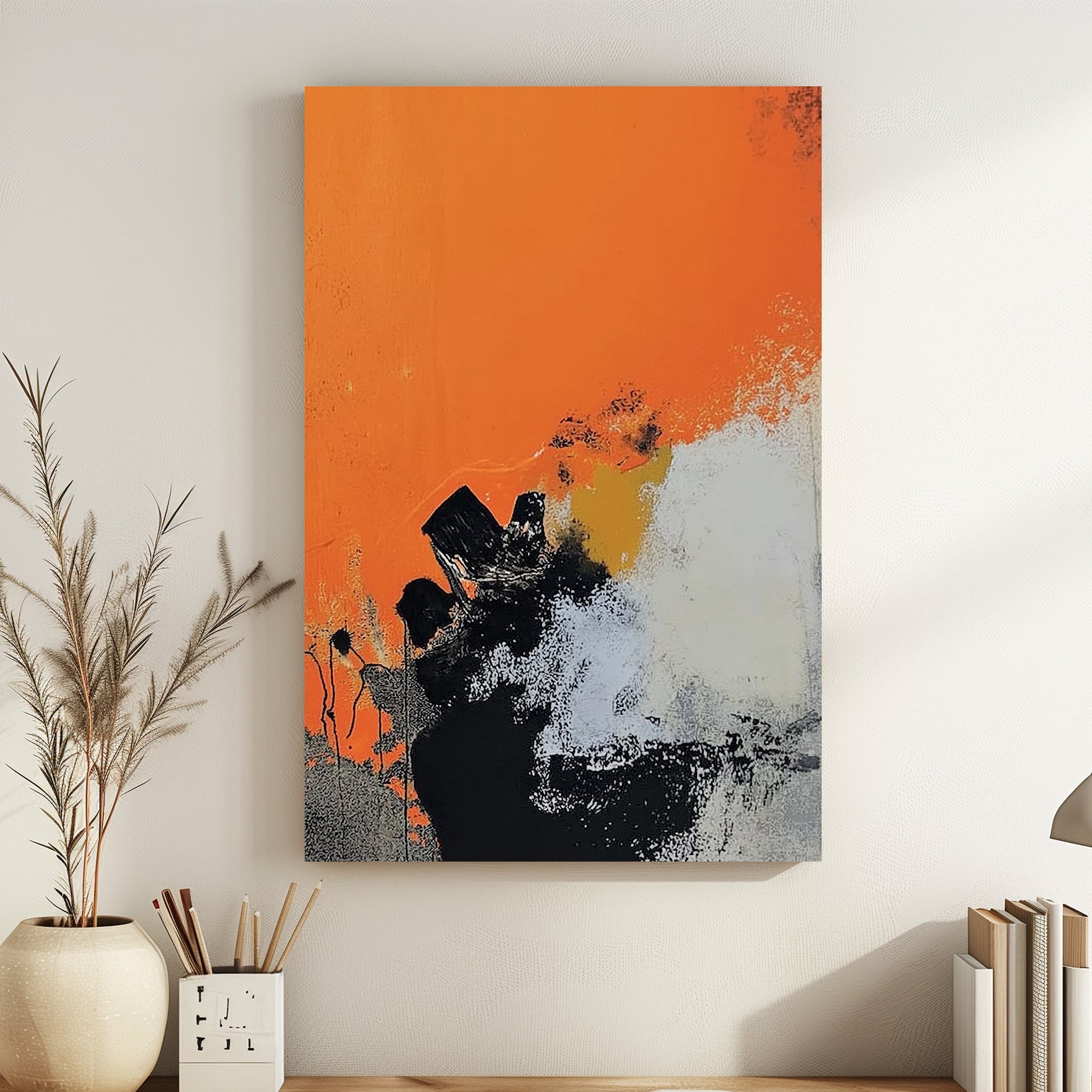 Abstract art featuring vivid orange tones with black and white textured contrasts in an expressionist style.