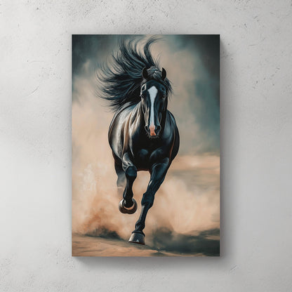 A black stallion galloping through dust, showcasing its power and elegance in a contemporary art style.