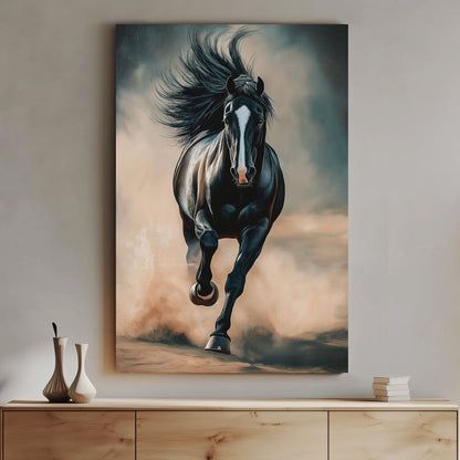 A black stallion galloping through dust, showcasing its power and elegance in a contemporary art style.