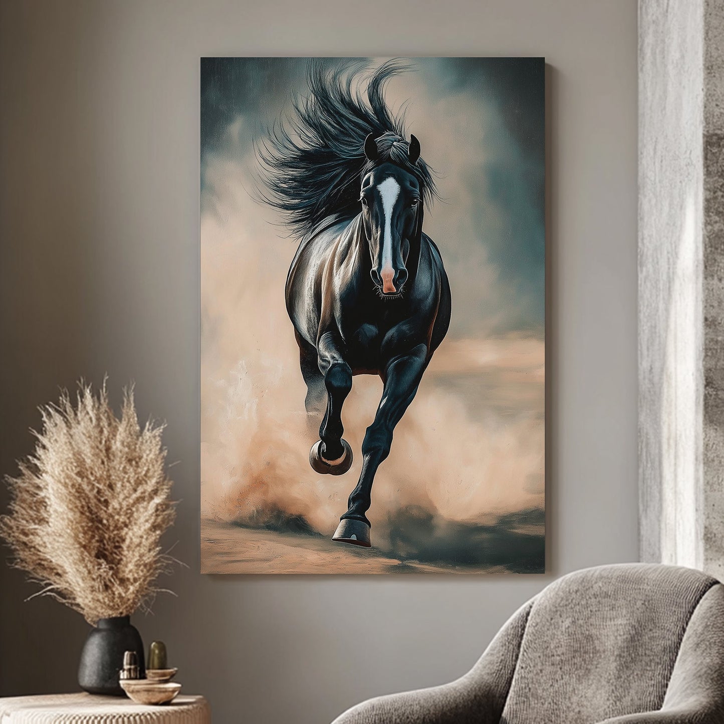 A black stallion galloping through dust, showcasing its power and elegance in a contemporary art style.